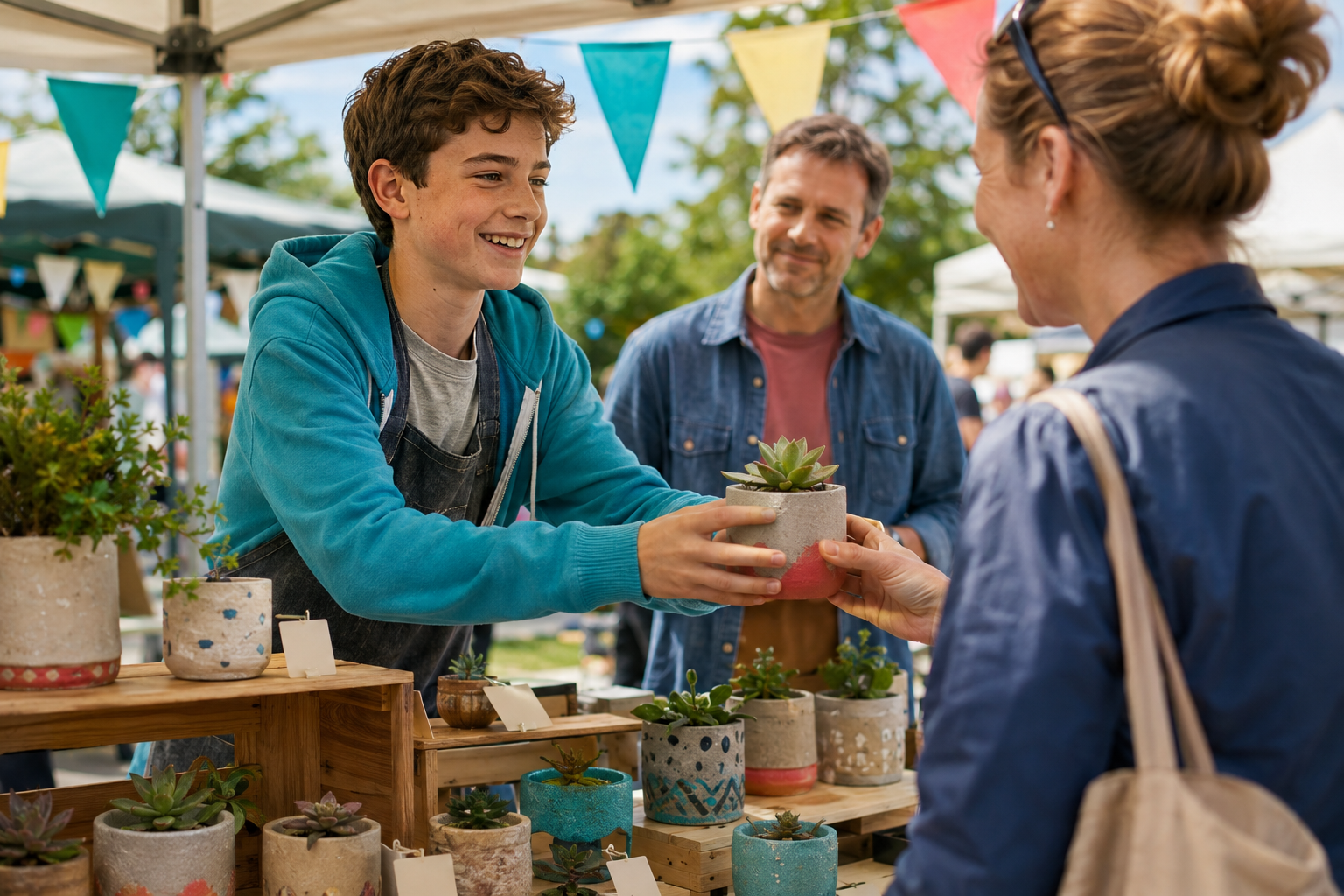 A young founder making a first sale at a community market