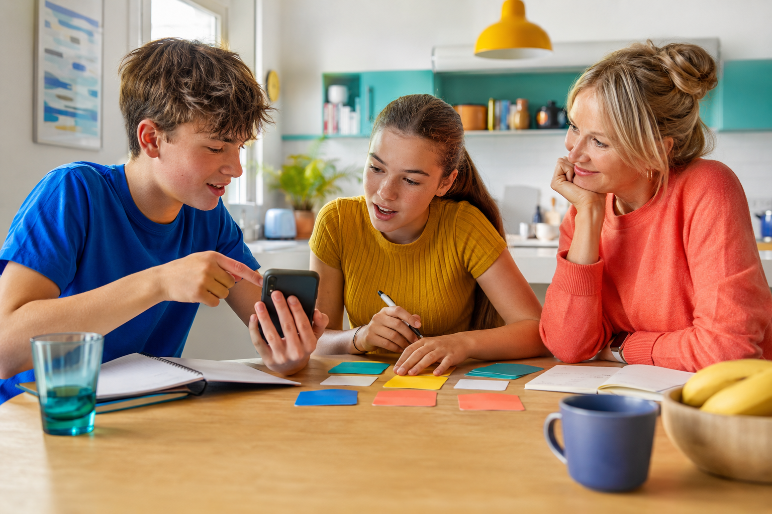 Teenagers learning everyday digital money skills with an adult
